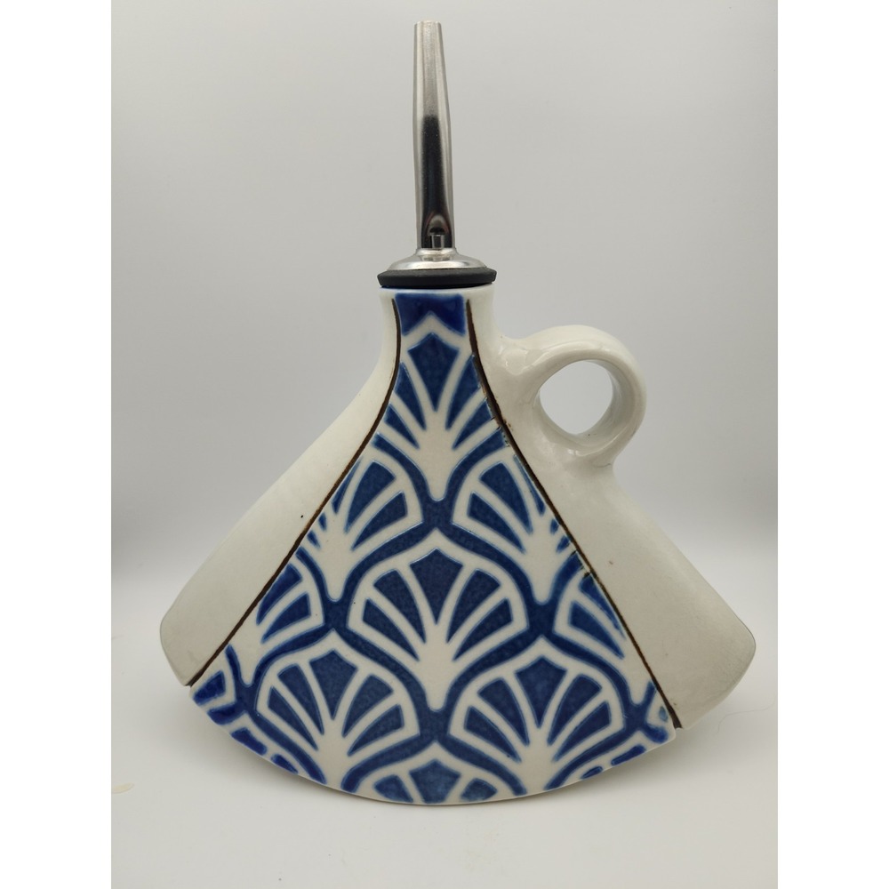 Zan Barnes Studio Pottery Ceramic Rocker Oil Bottle Dispenser Cruet. Blue/White